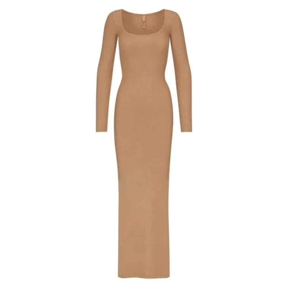 SKIMS Camel Long Sleeve Maxi Dress Shimmer - Picture 2 of 7